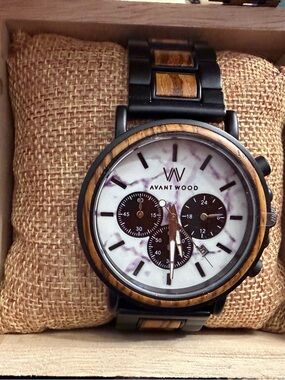 Men's Black and Brown Wood Accent Chronograph Watch